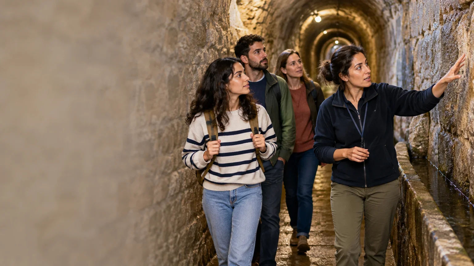 Visitors follow a guide through a narrow stone tunnel as the guide gestures towards the wall.