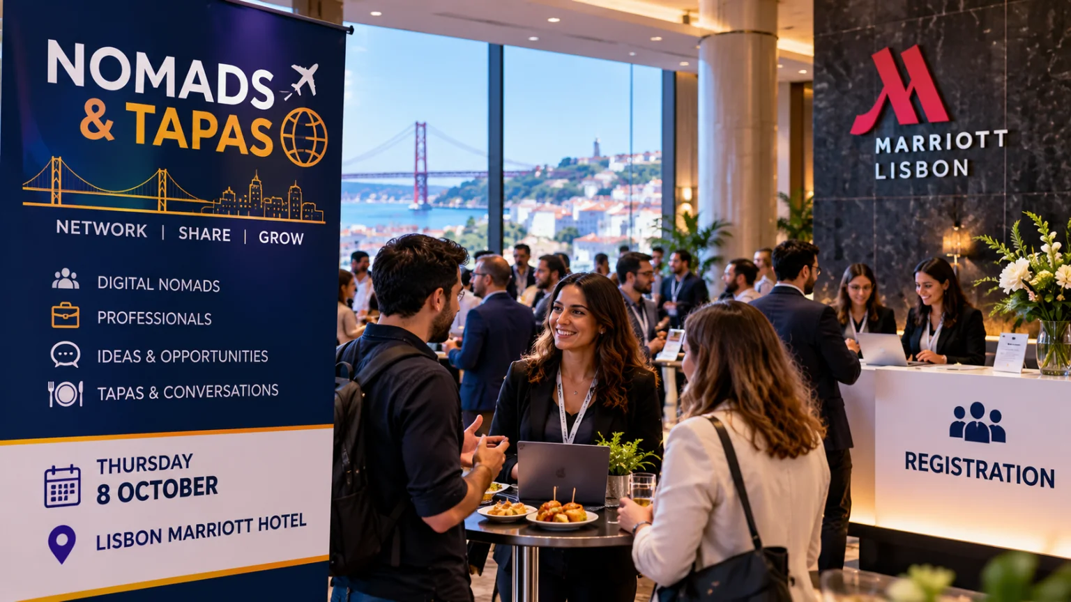 Digital nomads and professionals network at the Nomads & Tapas event at Lisbon Marriott Hotel on 8 October, with registration open to the public.