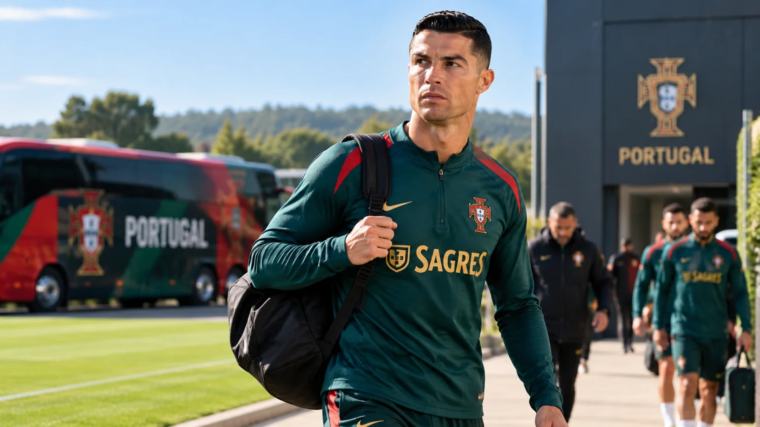 Cristiano Ronaldo arriving at Portugal’s national team training facility carrying a sports bag.