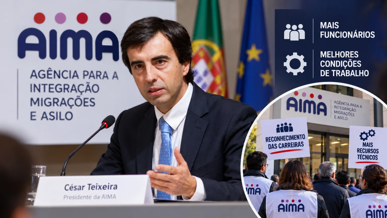 César Teixeira pictured at an AIMA briefing as he prepares to become the agency’s president, alongside workers’ calls for more staff, career recognition and improved working conditions.