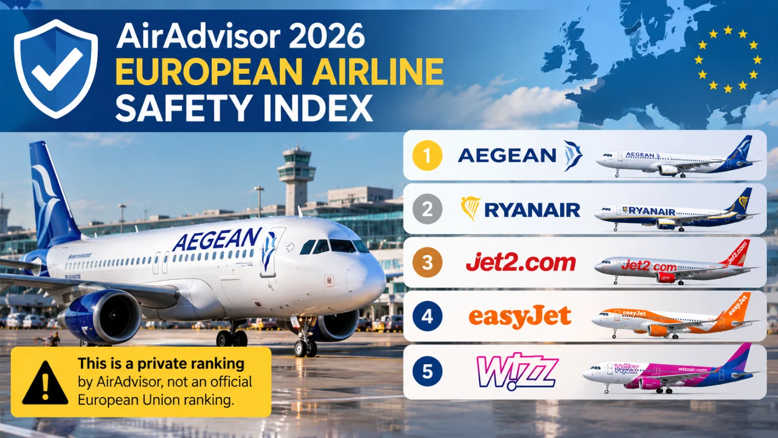 Aegean Airlines ranks first in AirAdvisor’s private 2026 European Airline Safety Index, followed by Ryanair, Jet2.com, easyJet and Wizz Air.