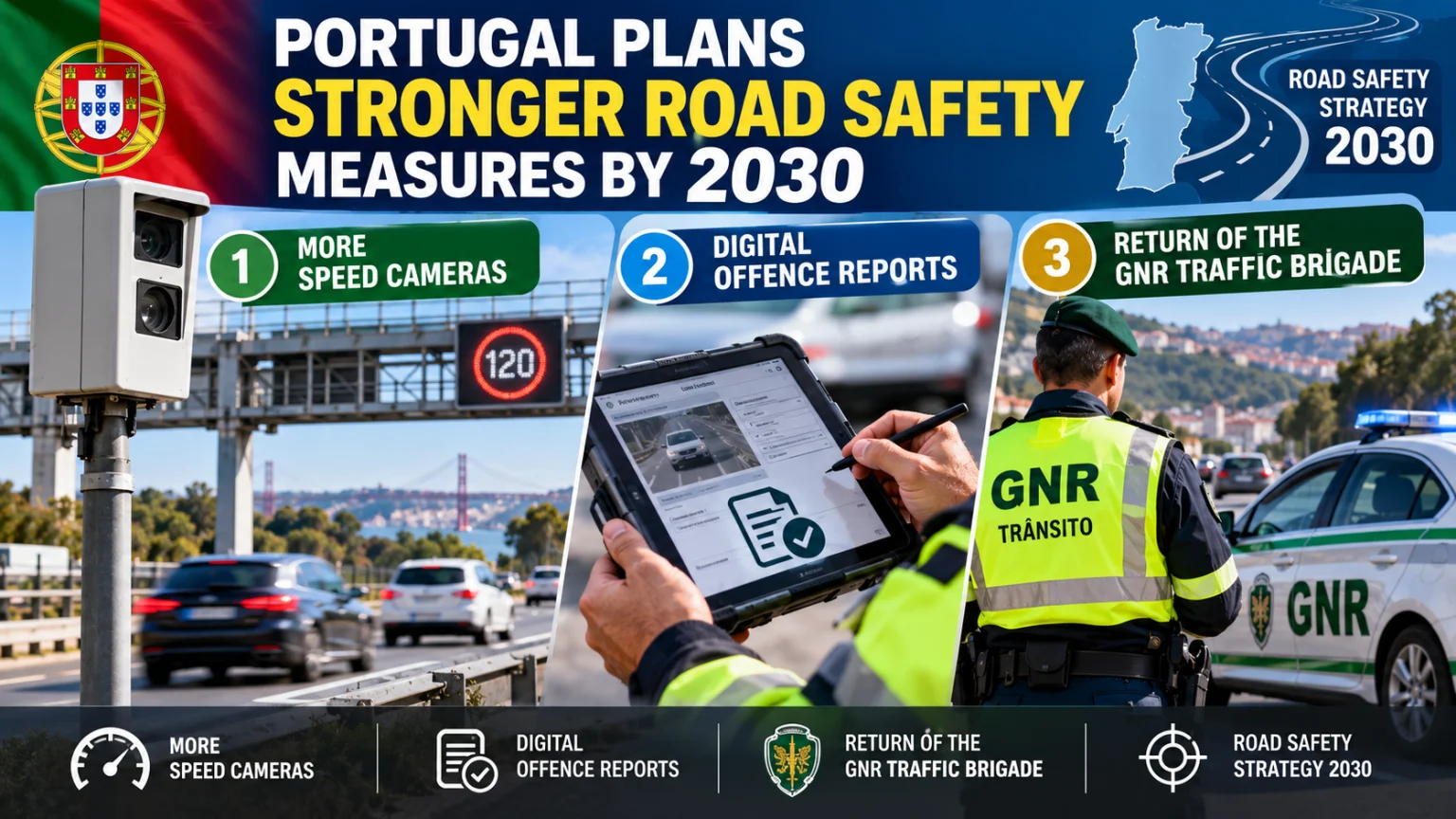 Alt text: Portugal’s Road Safety Strategy 2030 plans more speed cameras, digital traffic offence reports and the return of the GNR Traffic Brigade to strengthen road safety enforcement.
