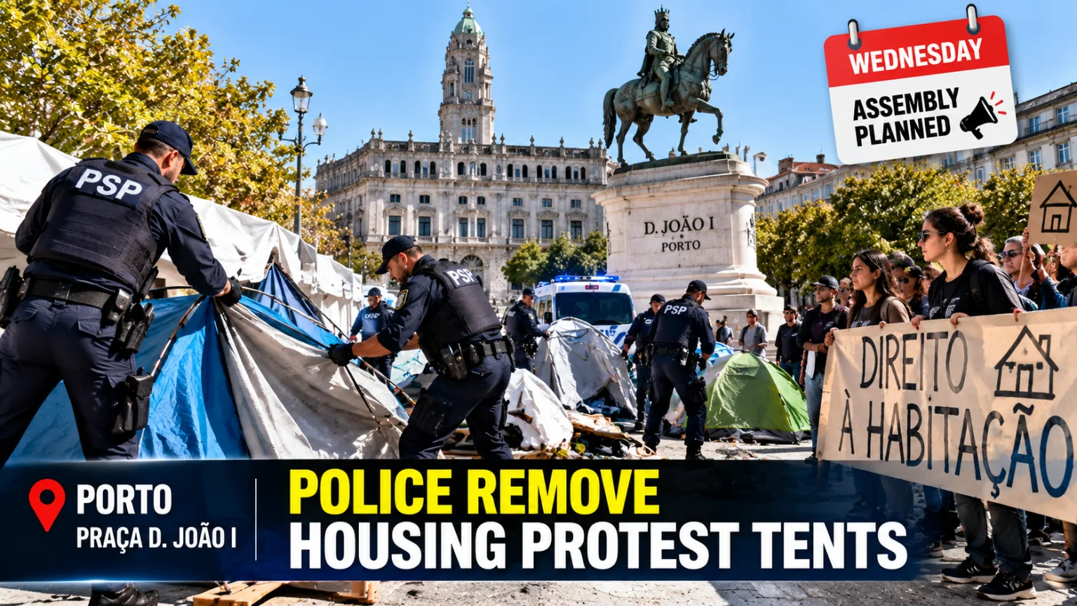 Illustration of police removing housing protest tents in Porto’s Praça D. João I, as protesters plan a peaceful Wednesday assembly