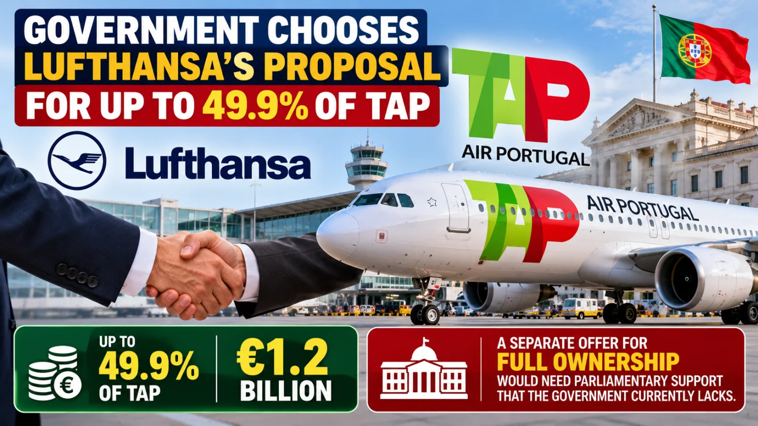 Portugal selects Lufthansa’s €1.2 billion proposal for up to 49.9% of TAP Air Portugal, while full ownership would require parliamentary approval.