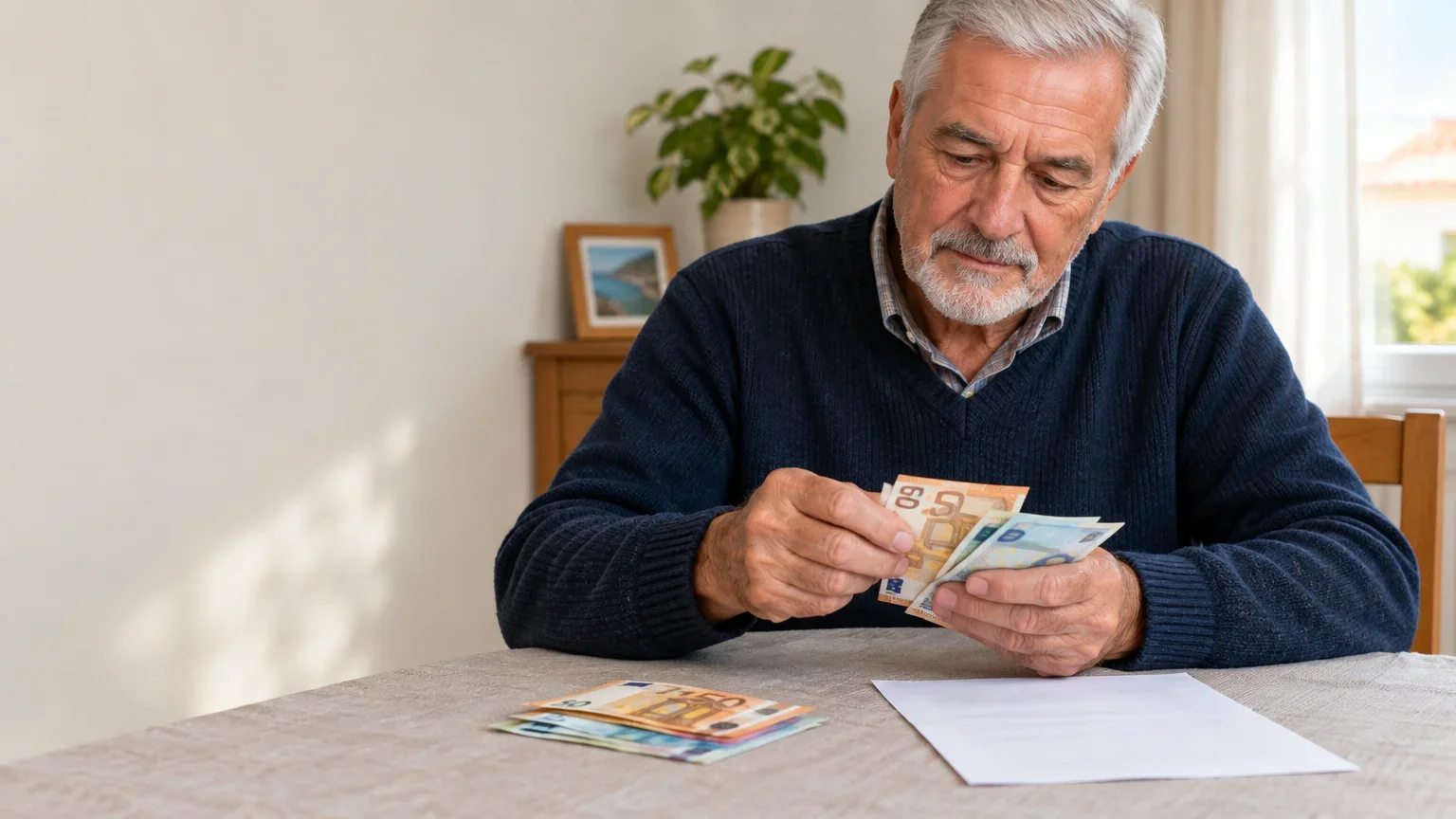An older pensioner counts euro notes beside a plain sheet of paperwork at a table.
